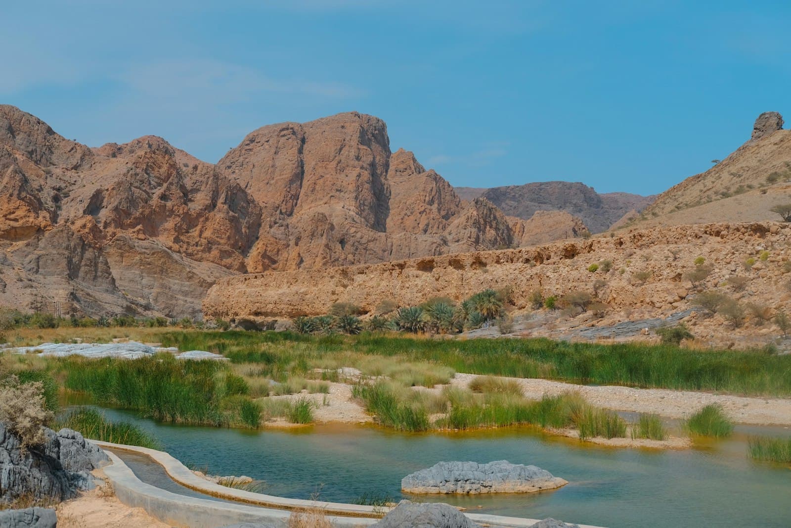 A wadi oasis with a falaj channel among desert mountains